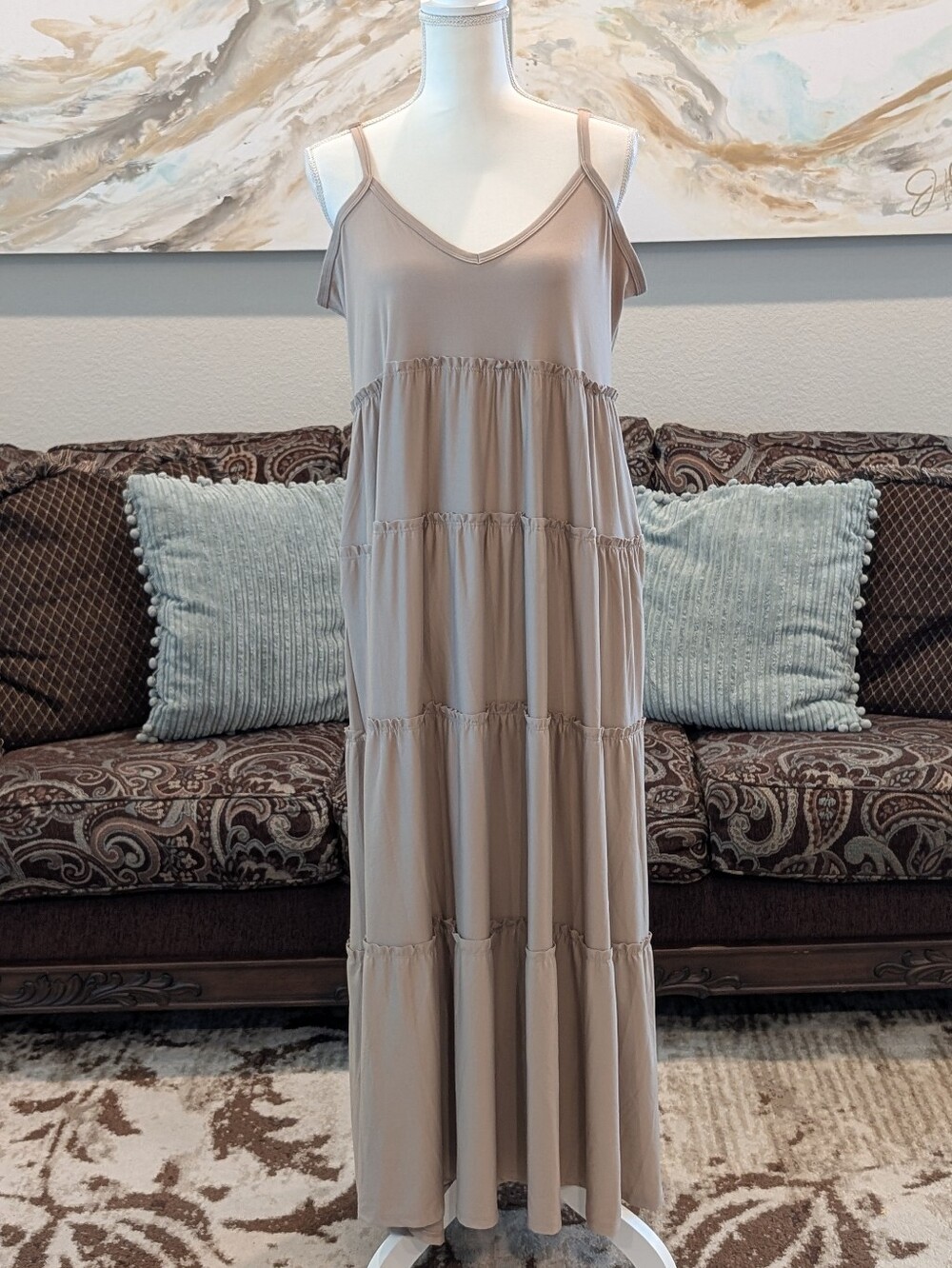 Women's Taupe Tiered Maxi Dress with Spaghetti Straps
